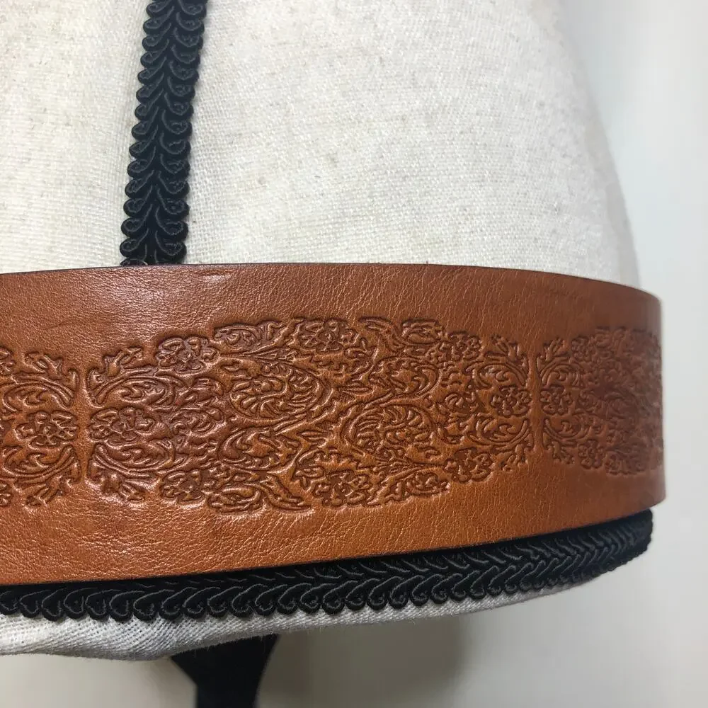 Leather Belt Brown Engraved Floral Vine Wide Italian Leather Medium